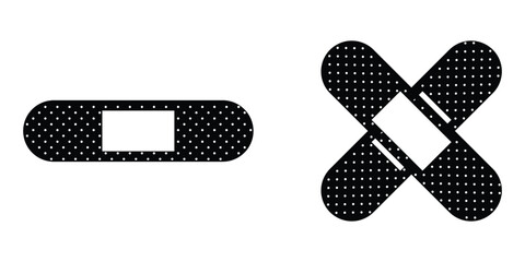 First aid plaster vector icon set. Medical patch. Illustration of adhesive bandage elastic medical plasters. Black silhouette.
