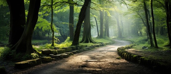 The pathway amidst the forest, with ample copy space image.