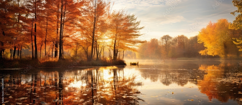 Poster Autumn scene reflected in the pond with a peaceful vibe and serene ambiance, ideal for use as a copy space image.