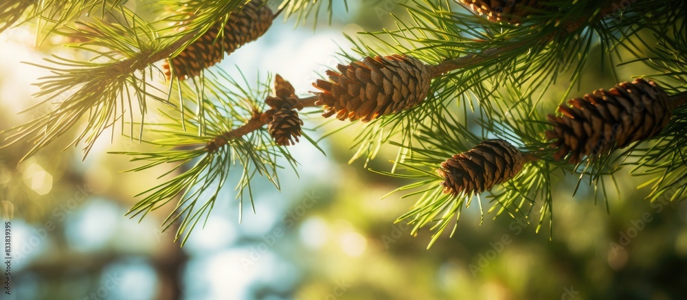 Poster cones on branches with pine needles in the summer sunlight, with a copy space image.