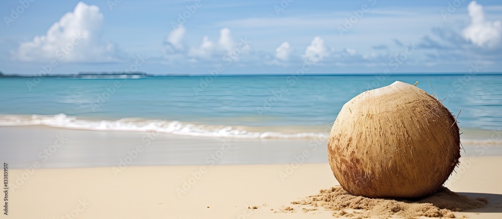 Aufkleber coconut resting on sandy beach with copy space image available.