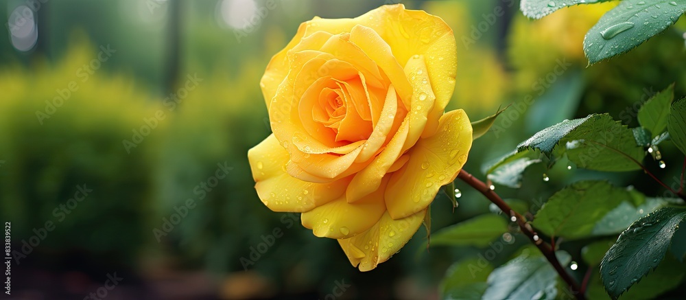 Poster yellow rose in a garden with a green backdrop, offering copy space image for viewers.