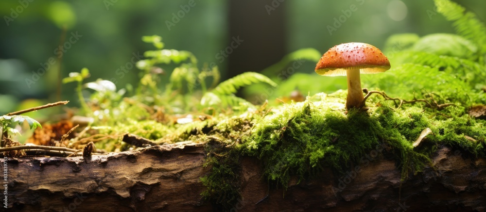 Poster Nature background showing an old stump with a mushroom on it, providing space for text or graphics (copy space image).