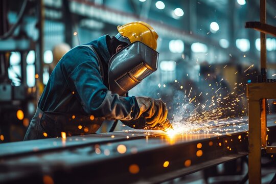 Skilled worker performs arc welding on metal structures in an industrial environment, with sparks flying
