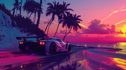 24. An exotic car with a rainbow gradient finish, cruising along a scenic coastal road with a vibrant, colorful sunset