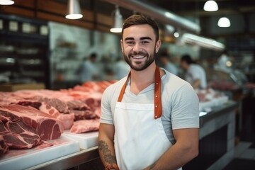 Young smiling butcher slicing expensive organic meat shop grocery store vendor satisfied customer beef pork chicken fresh food raw uncooked food supply protein product butchery barbecue store