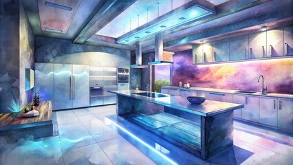 Modern and contemporary kitchen interior design with LED lighting, sleek finishes, and a generative concept , kitchen, modern, contemporary, LED, interior design, sleek, generative AI