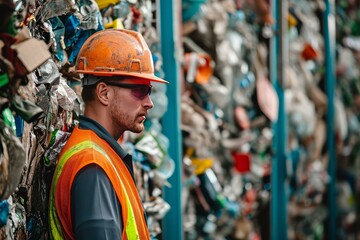 Side view of a worker at a recycling facility against a backdrop of sorted waste materials