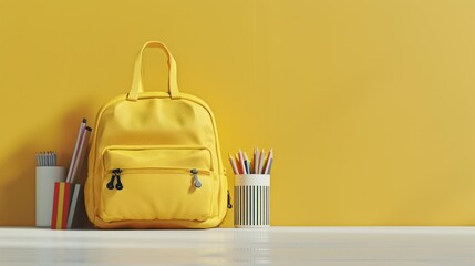 online learning concept Yellow backpack with school supplies