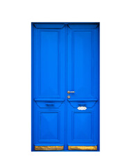 Vintage blue wooden door isolated on white, front view