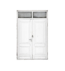 Closed outdoor white wooden door isolated on white, front view