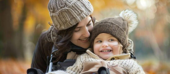 Obraz premium Young mother with a small daughter in autumn nature at sunset on blur background.