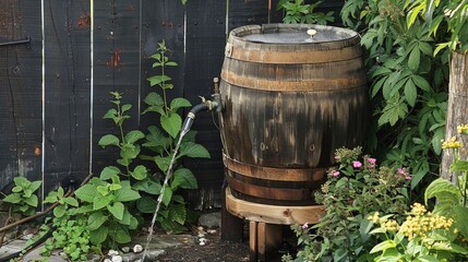 Fototapeta premium A barrel rests on a wooden stand with a hose attached to the spigot for easy access to collected rainwater.
