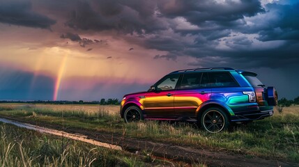 Fototapeta premium 11. A luxury SUV with a custom rainbow paint job, parked in a picturesque countryside setting with a rainbow arching across the sky