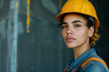 Portrait of a confident young adult female engineer wearing a safety helmet and professional gear at a construction site