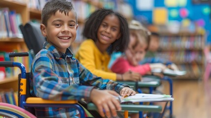 happy smiling diversity disabled handicapped young student in his wheelchair in the school room, 16:9