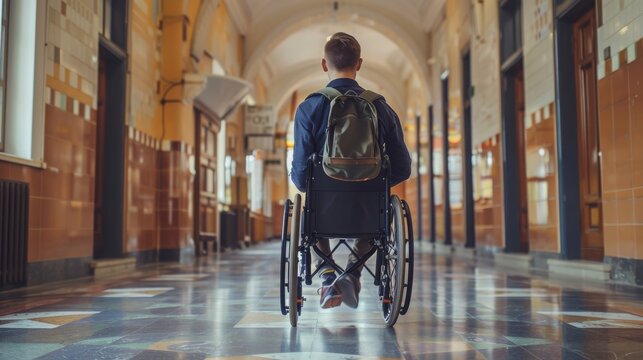 happy smiling diversity disabled handicapped young student in his wheelchair in the school, 16:9