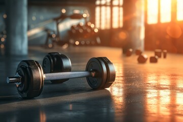 Warm evening light bathes gym interior with weights ready for workout