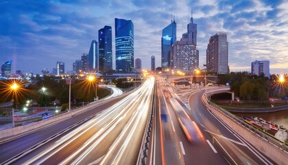 Fototapeta premium Light flow of traffic on a evening highway in a city with modern high buildings