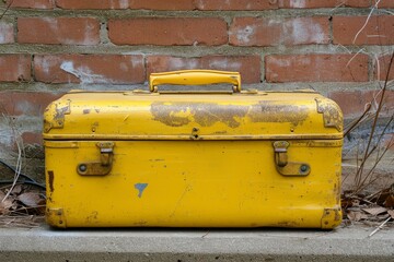 Worn-out yellow toolbox sits in front of a red brick wall, showcasing age and wear