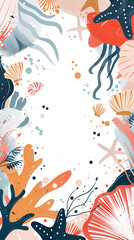 Abstract starfish and shell frame with copy space and dynamic sea elements in vibrant colors
