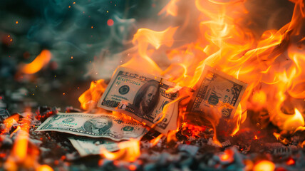 burning dollar banknote background , Devaluation money .