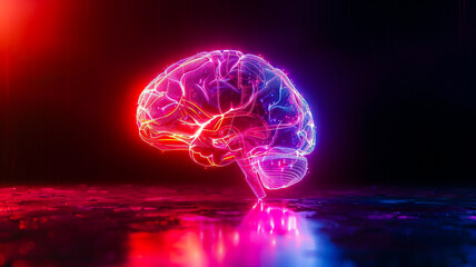 Fototapeta premium Glowing wireframe hologram of human brain on black background ..