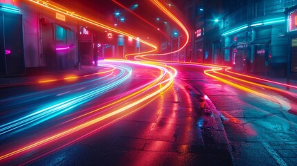 Neon Light Trails, Long exposure trails of neon lights creating abstract shapes