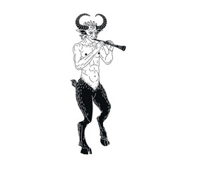 Vector illustration of Satyr.  Half goat. Half human. Fairytale animal. Mythical creature. Ancient Greek characters. Monster with hooves. Graphic arts. The satyr plays the flute. Forest Faun