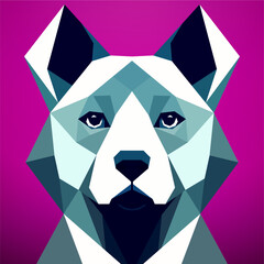 Dog head a low polygonal style on a pink background. Vector art, sots art, low poly, cubo-futurism, sticker, cartoon avatar, animal logo, surreal design
