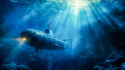 Obraz premium Military submarine underwater with ray light .