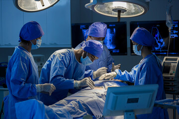 Surgeons team working with Monitoring of patient in surgical operating room. The doctors and nurses...