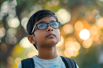 Pensive young boy with glasses looking up, surrounded by a magical bokeh light effect at sunset