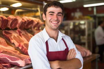 Obraz premium Young smiling butcher slicing expensive organic meat shop grocery store vendor satisfied customer beef pork chicken fresh food raw uncooked food supply protein product butchery barbecue store