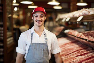 Obraz premium Young smiling butcher slicing expensive organic meat shop grocery store vendor satisfied customer beef pork chicken fresh food raw uncooked food supply protein product butchery barbecue store