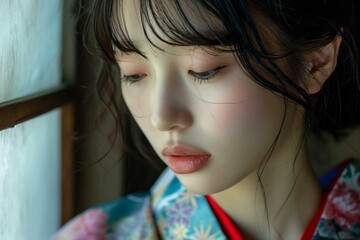 Elegant young woman in a colorful kimono quietly reflects by a window