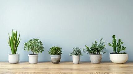 Obraz premium A wooden desk adorned with potted plants or succulents, creating a refreshing and inviting atmosphere with blank space on the desk for text or graphics 