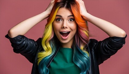 Fototapeta premium Excited happy cheerful young caucasian woman teenage girl hipster with dyed colorful hair looking at camera touching her head with shock impression isolated in pink background
