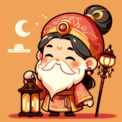 Illustration of a cute gnome with a lantern.