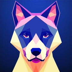 Dog face low polygonal style with a blue background. Vector art, sots art, low poly, cubo-futurism, sticker, cartoon avatar, animal logo, surreal design