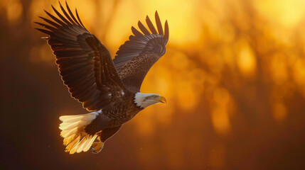 Obraz premium A bald eagle flies against the backdrop of a beautiful sunset and clouds. Beautiful eagle with spread wings.
