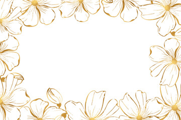 Fototapeta premium A gold foil drawing of a poppies flower wreath with a white background.The flowers of poppies are drawn in a stylized way, with each petal and stem carefully outlined.