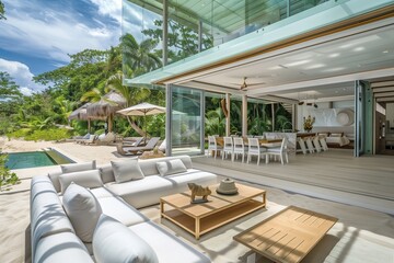 Contemporary glass-fronted beachfront villa with sleek modular furniture, light wood accents, and lush tropical garden views |