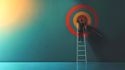 Man on ladder reaching target on wall. Conceptual image of success and goals. Artistic style wall, creating a purposeful visual. AI