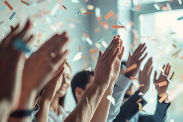 A diverse group of people clapping and celebrating with confetti in the air. Festive and joyful atmosphere in a bright room.
