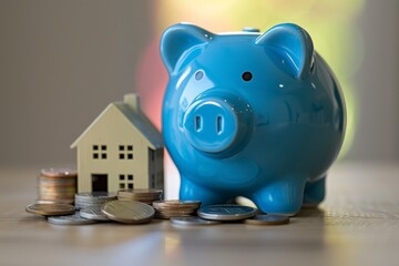Close-up of a blue piggy bank with coins and a small house model, representing home savings and financial planning.