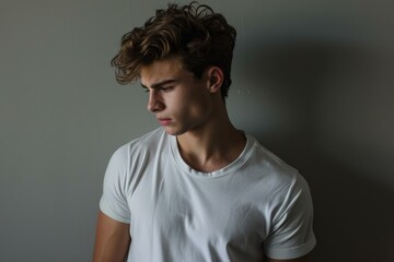 Obraz premium Side view of a thoughtful young man with curly hair, wearing a plain white t-shirt against a neutral background