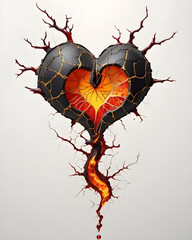 A digital illustration of a cracked black heart with lava flowing out of the cracks