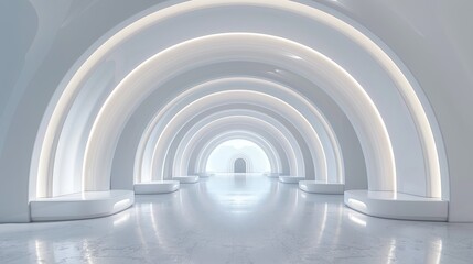 Obraz premium Futuristic White Minimalist Architecture with Ocean View and Blue Sky, Featuring Curved Shapes, Elegant Arches, and a Spacious Platform for Pavilion or Stage. Hyper Realistic, Cinematic Daylight Scene