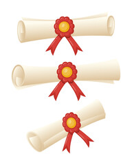 Rolled up graduation diploma scroll with red ribbon and seal, in different positions. Template of paper scroll with seal, certificate of education, antique letter on parchment, ancient manuscript.